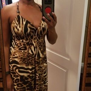 Leopard print backless halter maxi dress